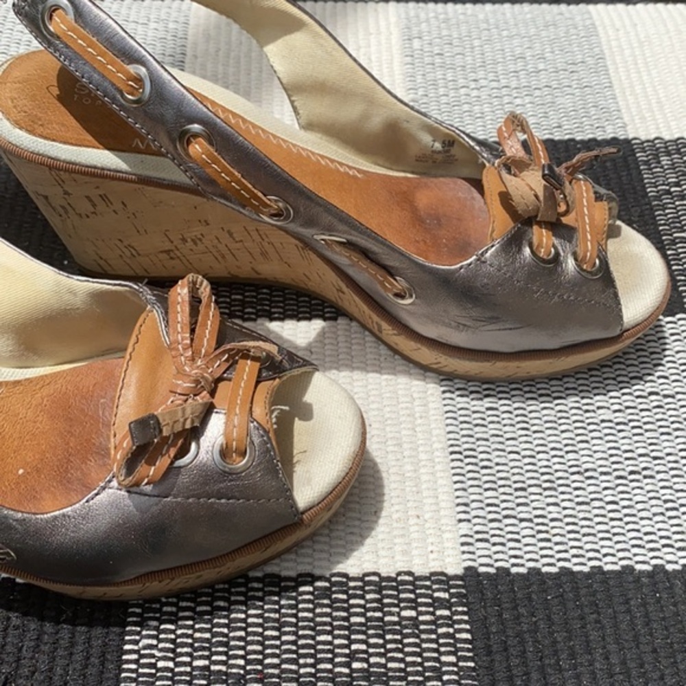 Sperry Top-Sider Pewter Leather Cork Wedge Slingback Bow Sandals 7.5 M